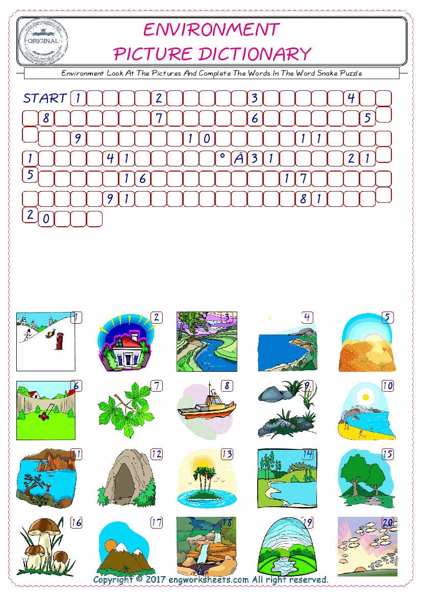  Check the Illustrations of Environment english worksheets for kids, and Supply the Missing Words in the Word Snake Puzzle ESL play. 